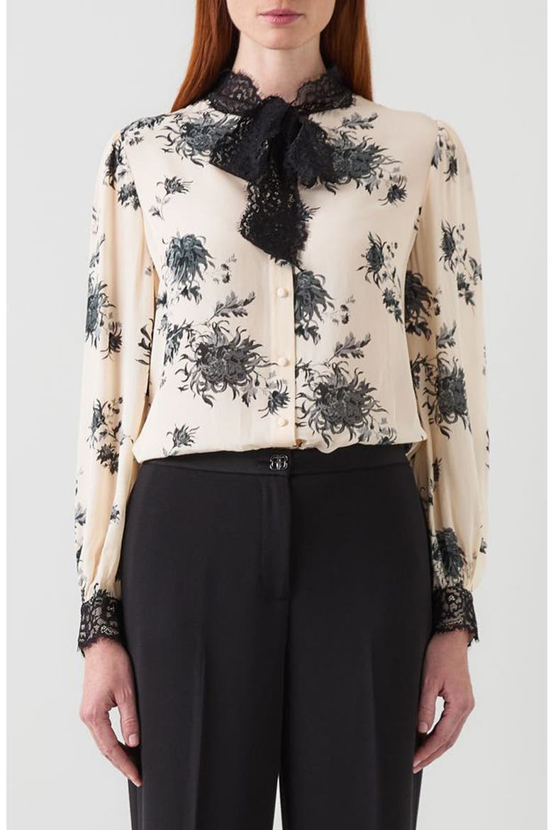 Violetta Floral Lace Bow Button-Up Shirt, Main, color, BLACK CREAM