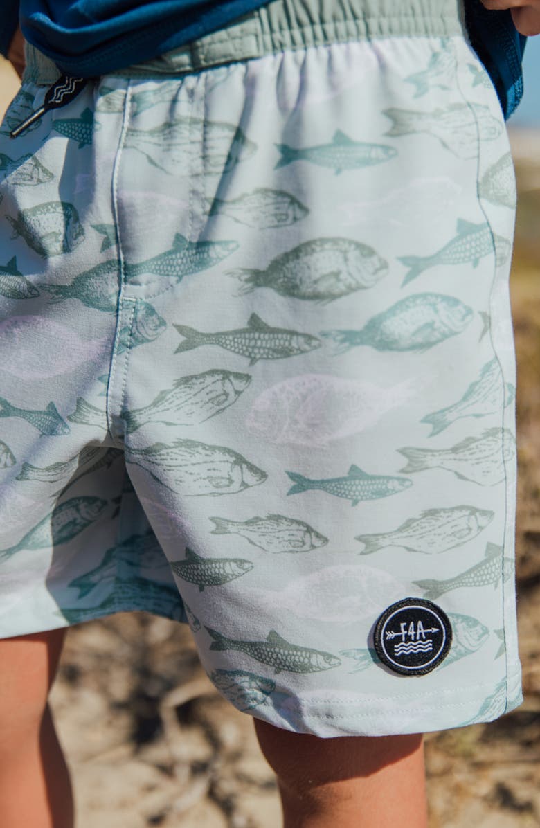Feather 4 Arrow Kids' Classic Fish Print Board Shorts, Alternate, color, Sage