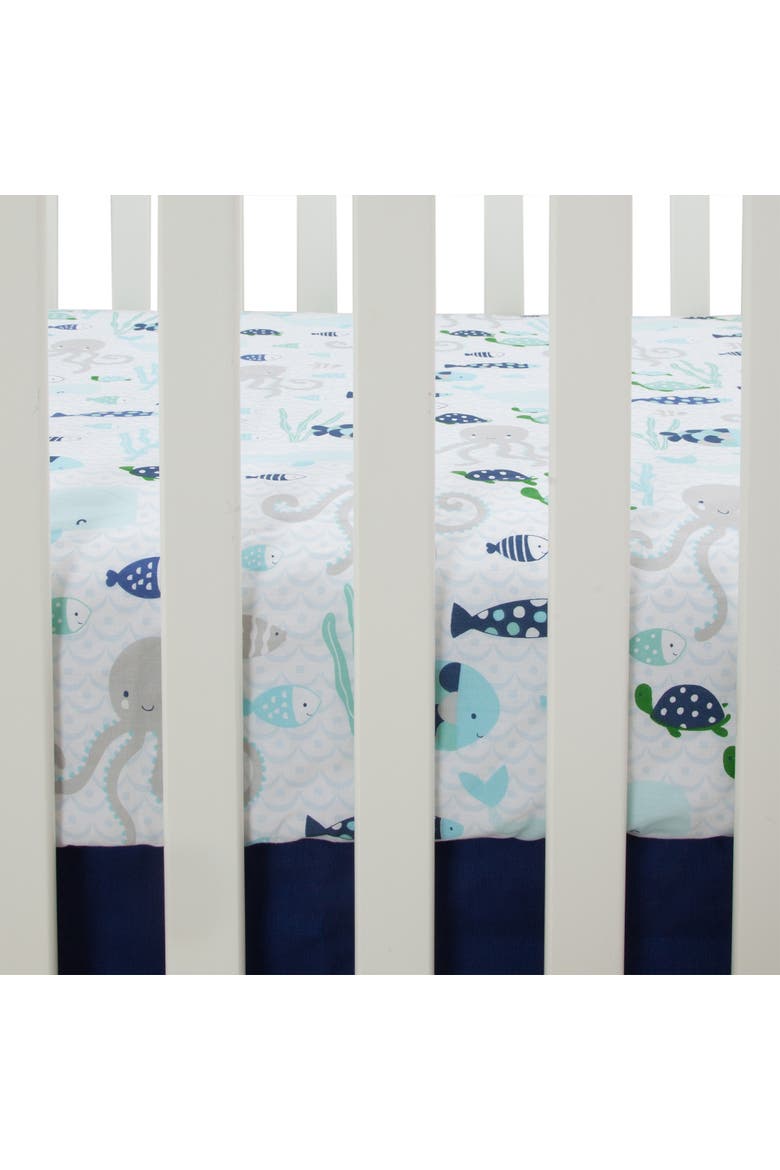 Oceania 100% Cotton Whale with Octopus and Fish Nautical Ocean Theme Fitted Crib Sheet, Alternate, color, Blue