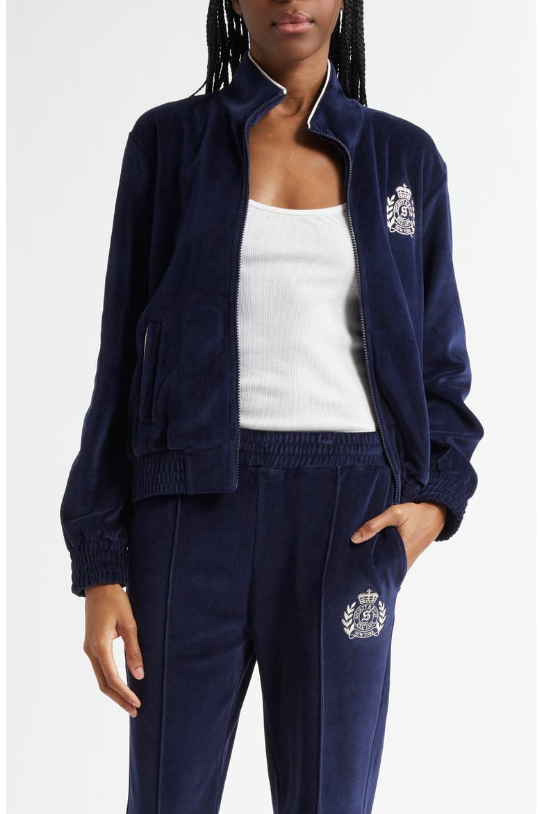 NY Crest Embroidered Velour Track Jacket, Main, color, NAVY