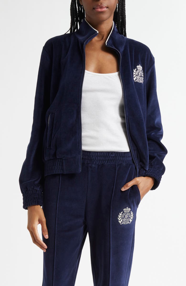 Sporty & Rich NY Crest Embroidered Velour Track Jacket, Main, color, 