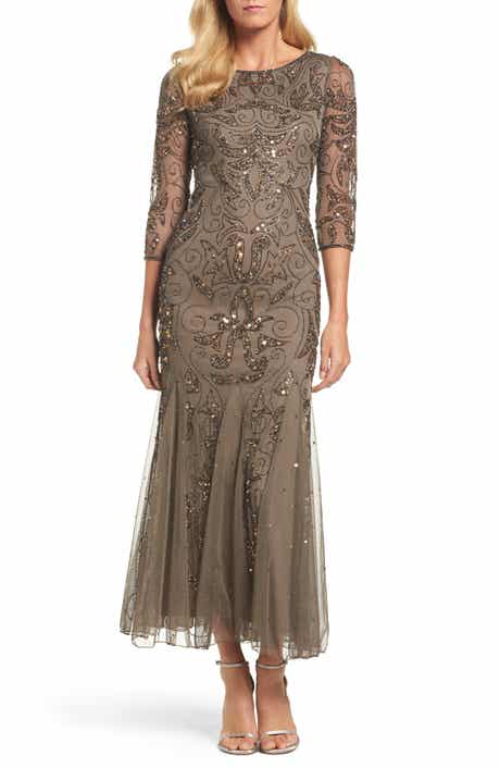 Pisarro Nights Illusion Sleeve Beaded A-Line Gown