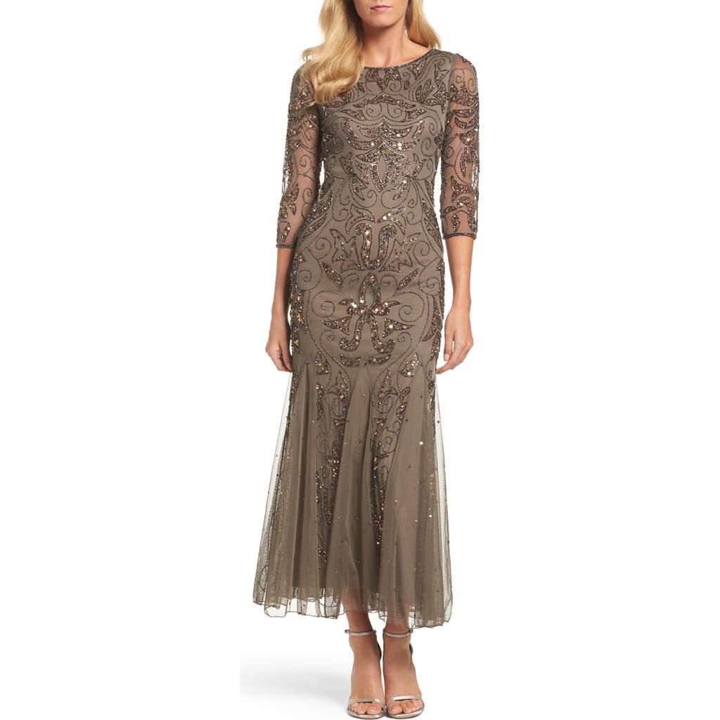 Pisarro Nights Illusion Sleeve Beaded A-line Gown In Brown