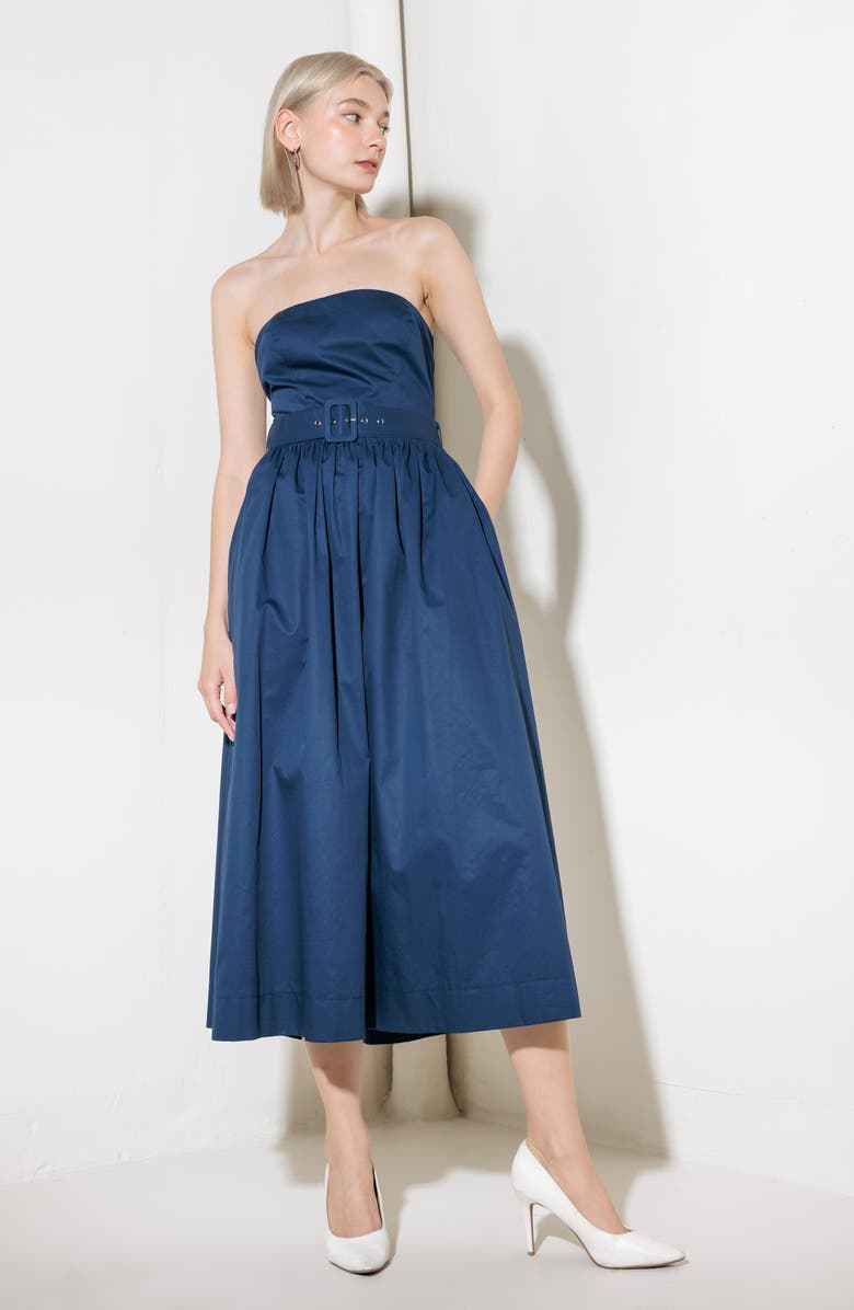 FREEMARKET Belted Strapless Midi Dress, Alternate, color, Navy