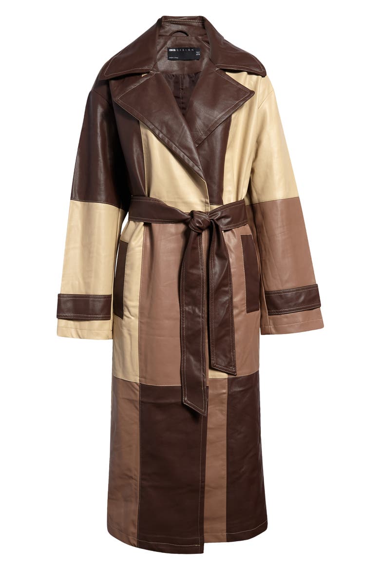 Patchwork Faux Leather Trench Coat, Alternate, color, BROWN