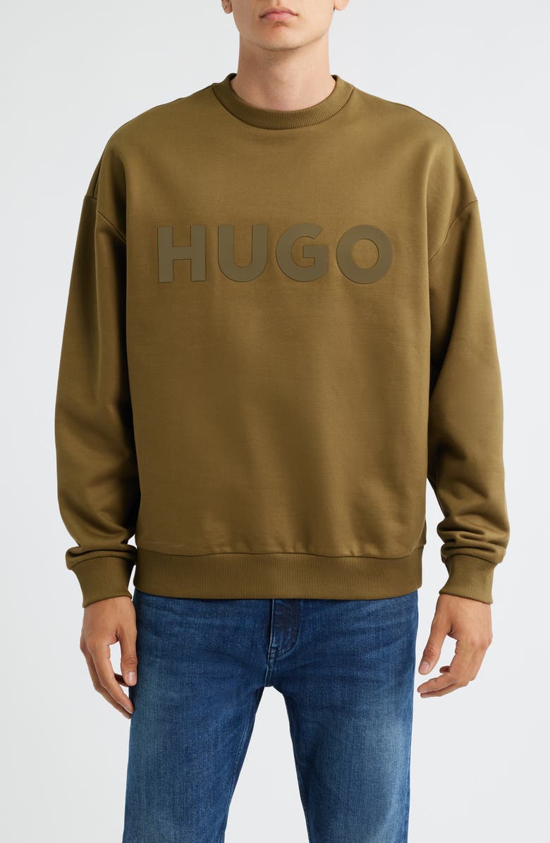 HUGO Dinex Cotton French Terry Crewneck Sweatshirt, Main, color, Open Green
