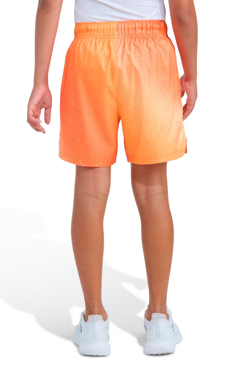 adidas Kids' 3-Stripes Spray Painted Stretch Twill Shorts, Alternate, color, Medium Orange