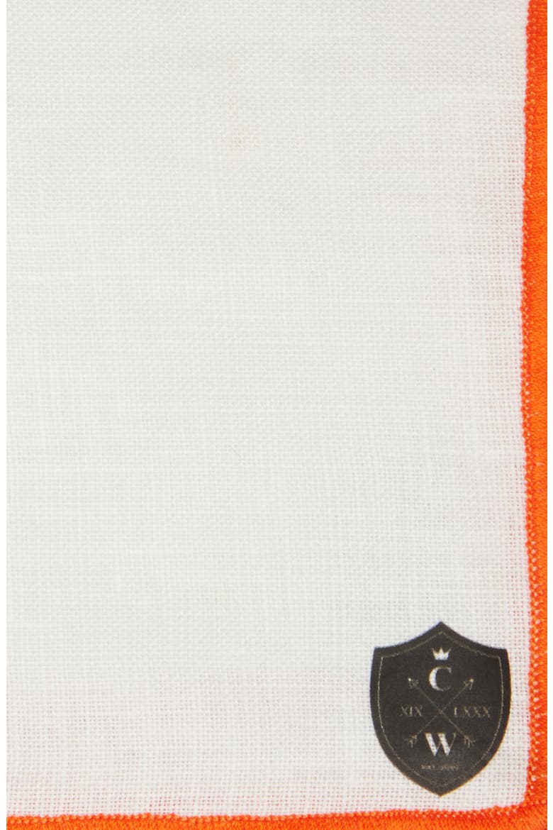White Linen Pocket Square with Orange Trim, Alternate, color, WHITE/ ORANGE