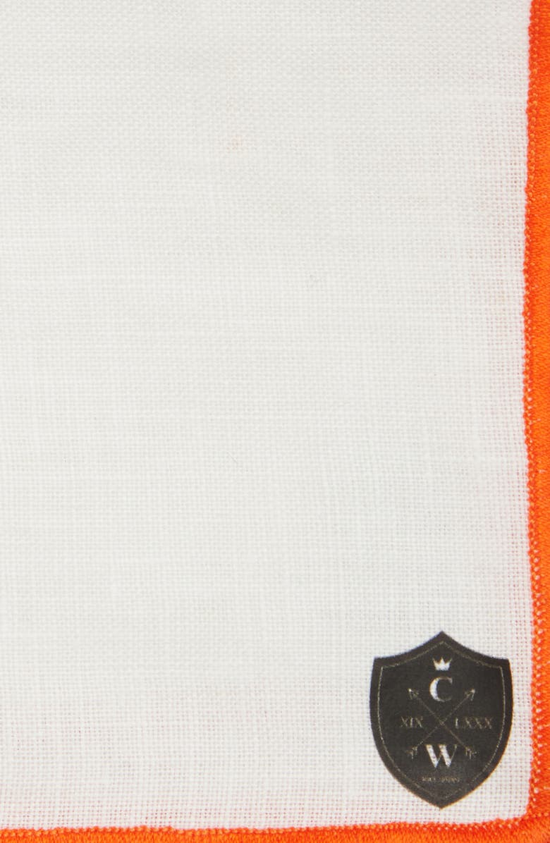 CLIFTON WILSON White Linen Pocket Square with Orange Trim, Alternate, color, White/ Orange
