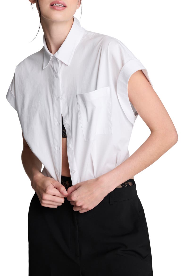 Cap Sleeve Crop Button-Up Shirt, Alternate, color, PURE WHITE