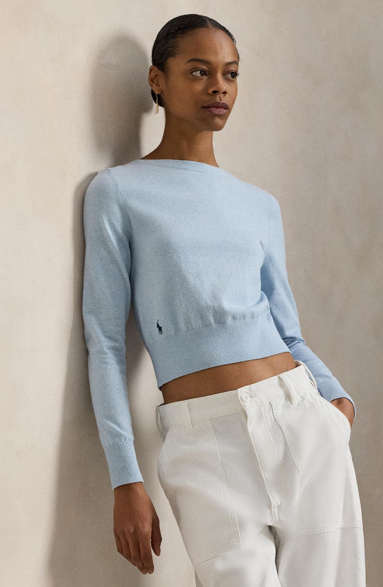 Polo Ralph Lauren Boat Neck Crop Sweater, Alternate, color, Stone Blue Heather