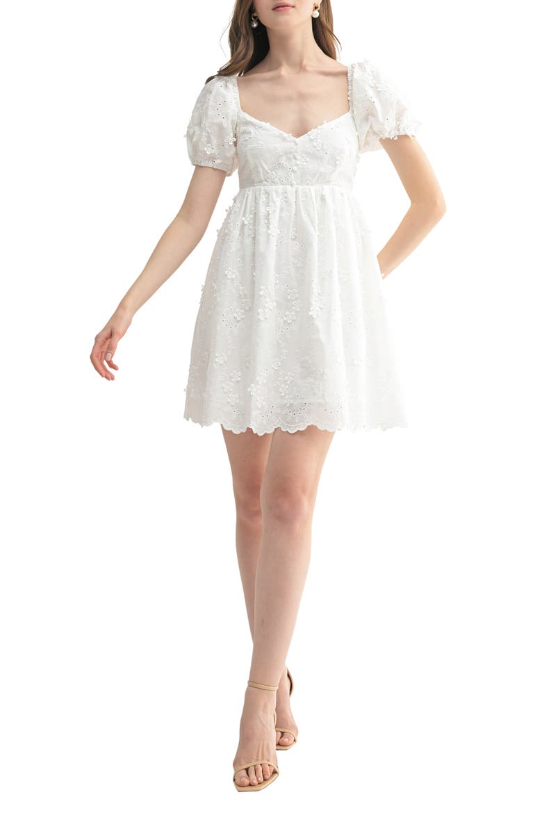 Floral Appliqué Puff Sleeve Minidress, Main, color, WHITE