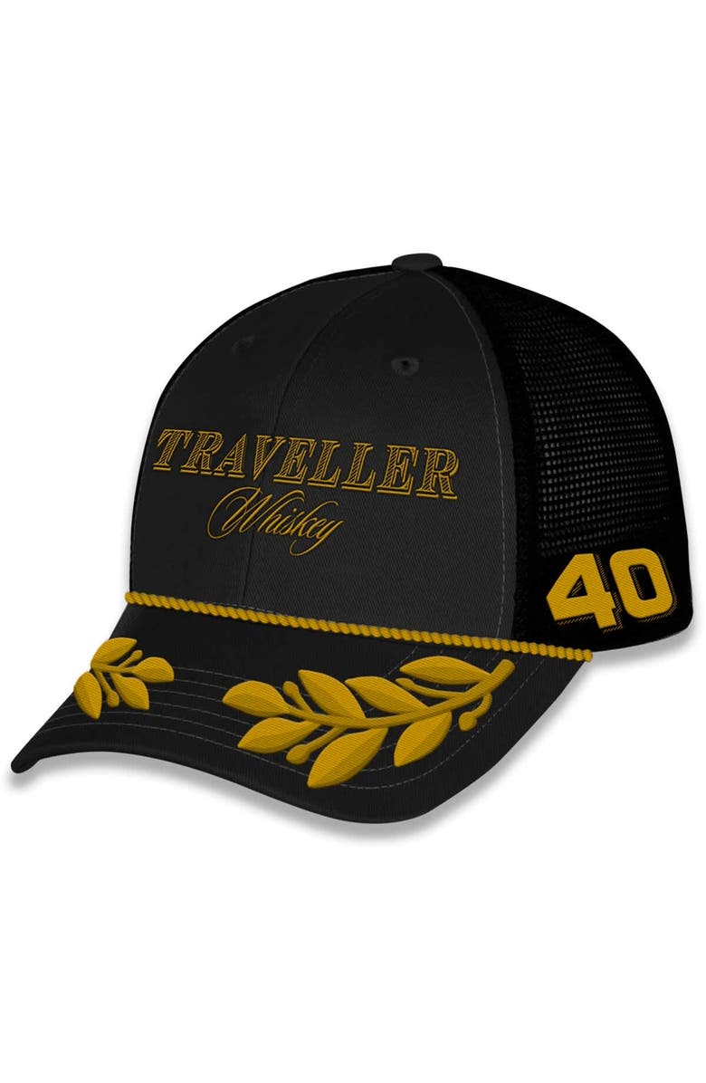 JR MOTORSPORTS OFFICIAL TEAM APPAREL Men's JR Motorsports Official Team Apparel Black/Gold Justin Allgaier Traveller Whiskey Trucker Adjustable Hat, Main, color, Black