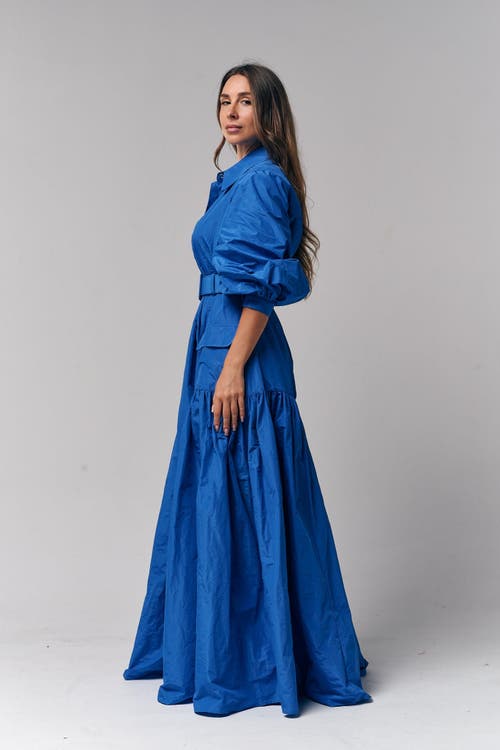 Le Fafo Bellted Taffeta Maxi Dress Gown In Blue