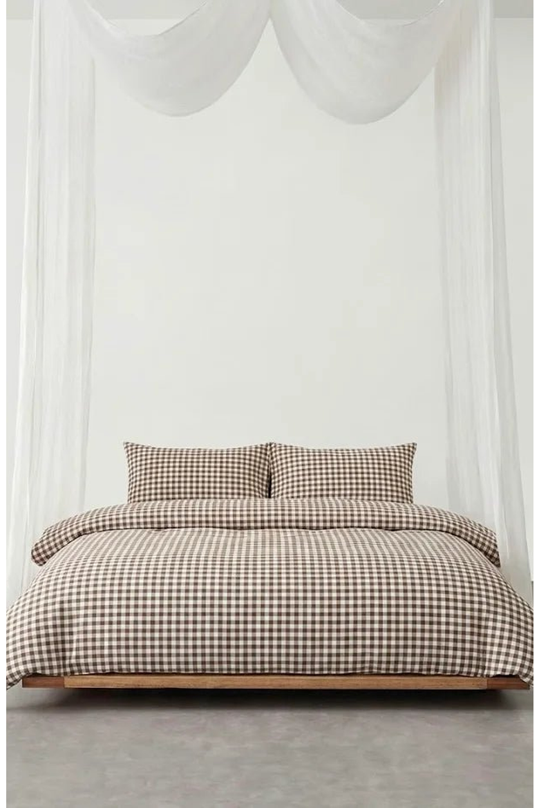 Gingham Washed Cotton Bedding Set, Alternate, color, Brown Gingham, Fitted