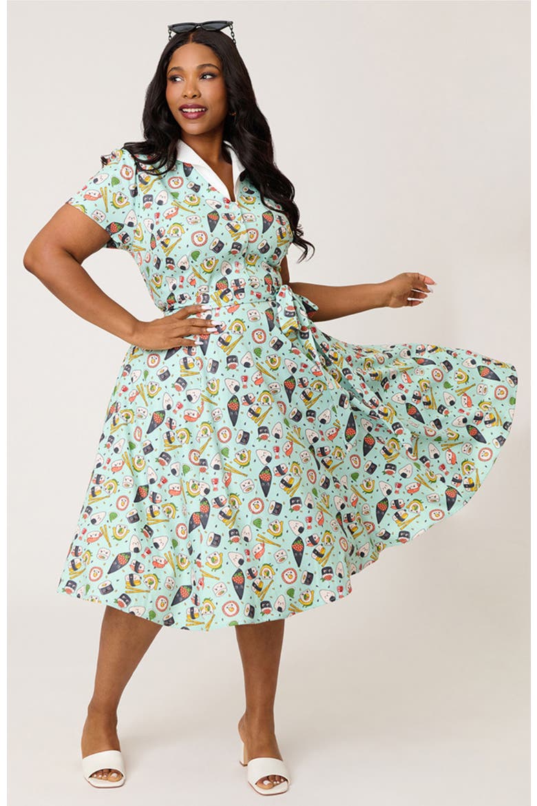 Plus Size 1950s Collared Shirt Dress, Alternate, color, Green Sushi Print