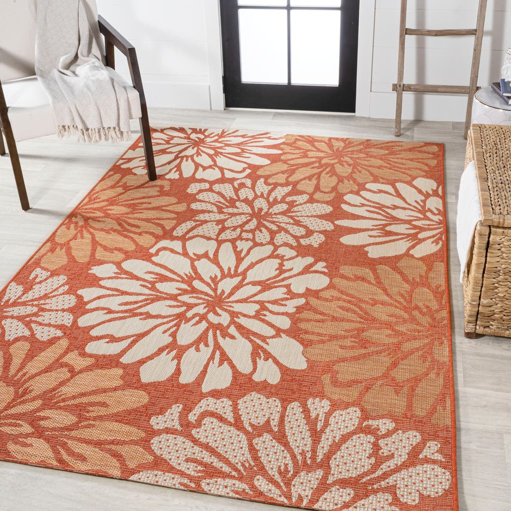 Jonathan Y Zinnia Modern Floral Textured Weave Indoor/outdoor Area Rug In Orange/cream