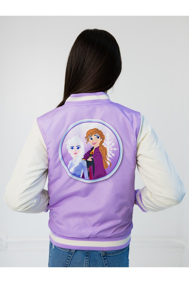 Frozen Varsity Bomber Jacket, Alternate, color, Lavender Anna Elsa