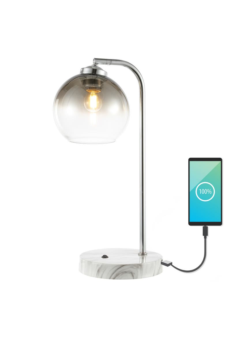 Ada 20" Industrial Contemporary Iron/Glass LED Task Lamp with USB Charging Port, Chrome/Smoke Gray, Main, color, Chrome