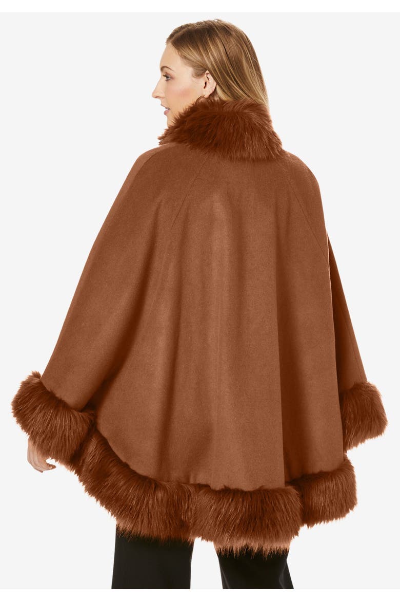 Faux Fur Trim Wool Cape, Alternate, color, COGNAC