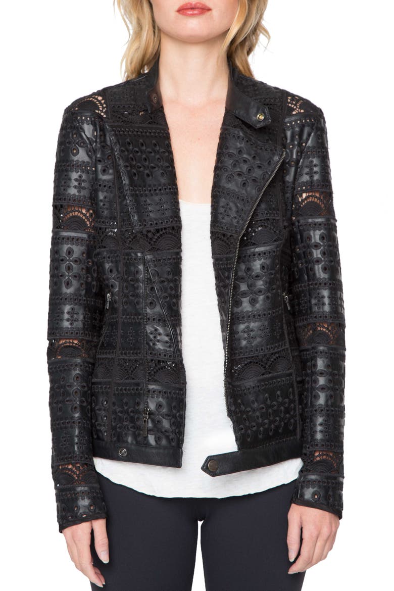 Eyelet Faux Leather Jacket, Main, color, BLACK
