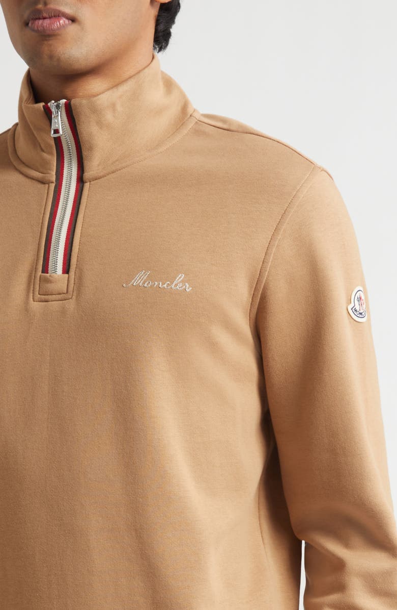 Moncler Embroidered Logo Patch Fleece Quarter Zip Sweatshirt, Alternate, color, Camel