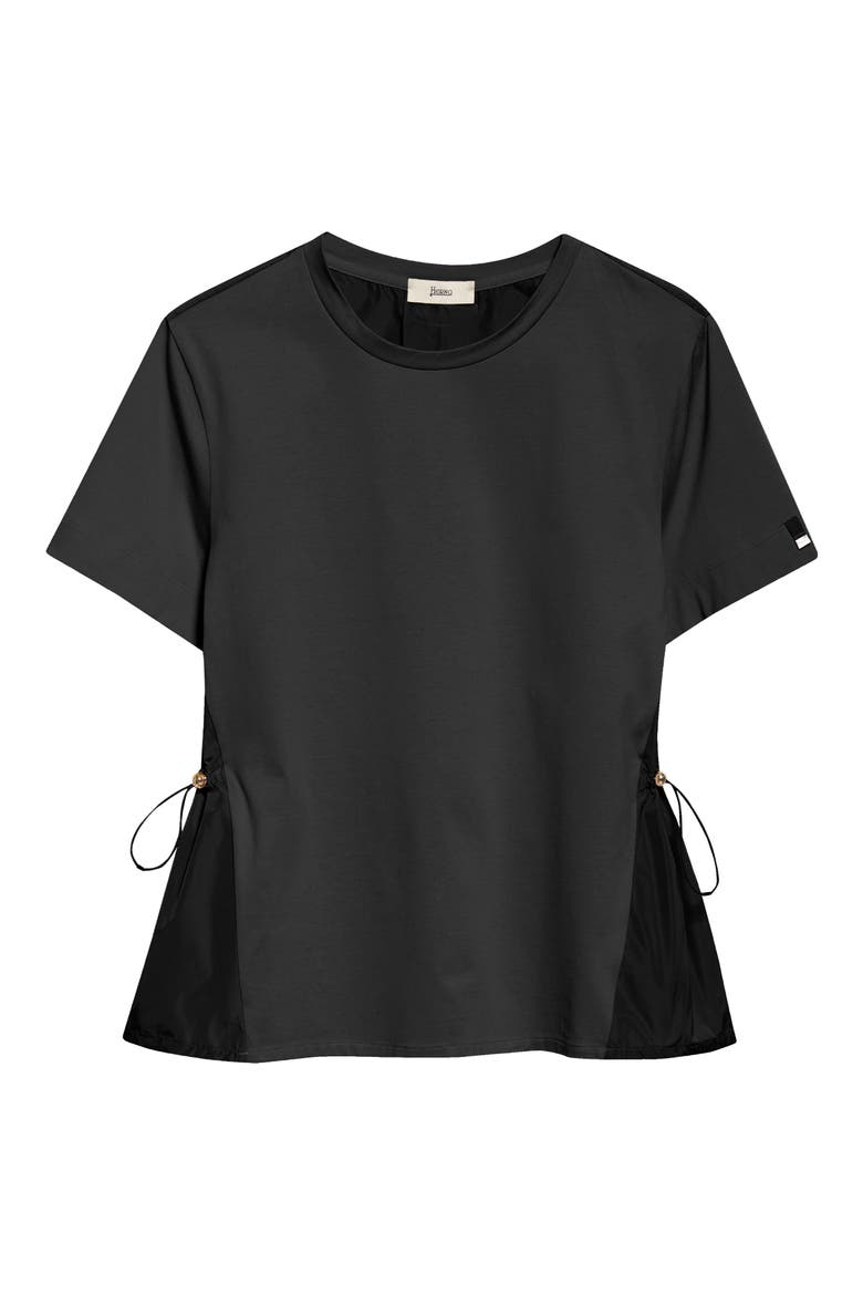 Drawcord Detail Taffeta Panel Cotton T-Shirt, Alternate, color, BLACK