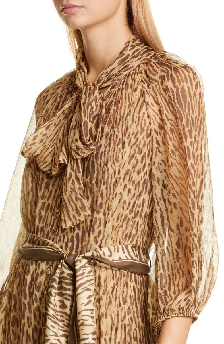 Zimmermann Espionage Leopard Print Tie Neck Silk Midi Dress, Alternate, color, 