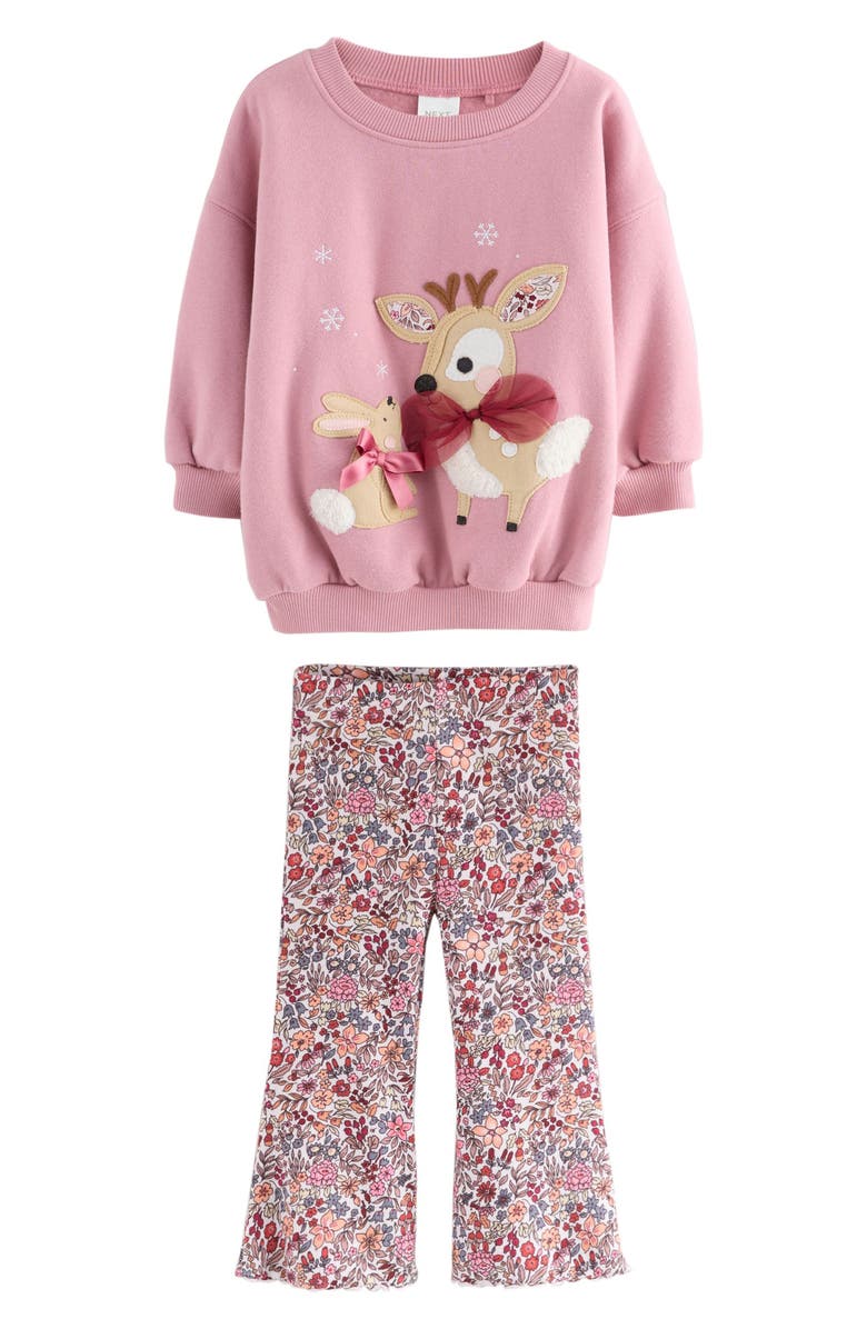NEXT Kids' Reindeer Appliqué Graphic Sweatshirt & Floral Leggings Set, Main, color, Pink