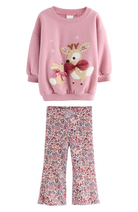 Kids' Reindeer Appliqué Graphic Sweatshirt & Floral Leggings Set (Baby & Little Kid)