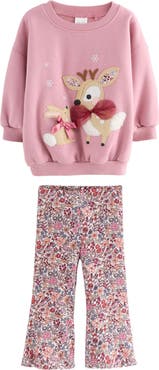 NEXT Kids' Reindeer Appliqué Graphic Sweatshirt & Floral Leggings Set
