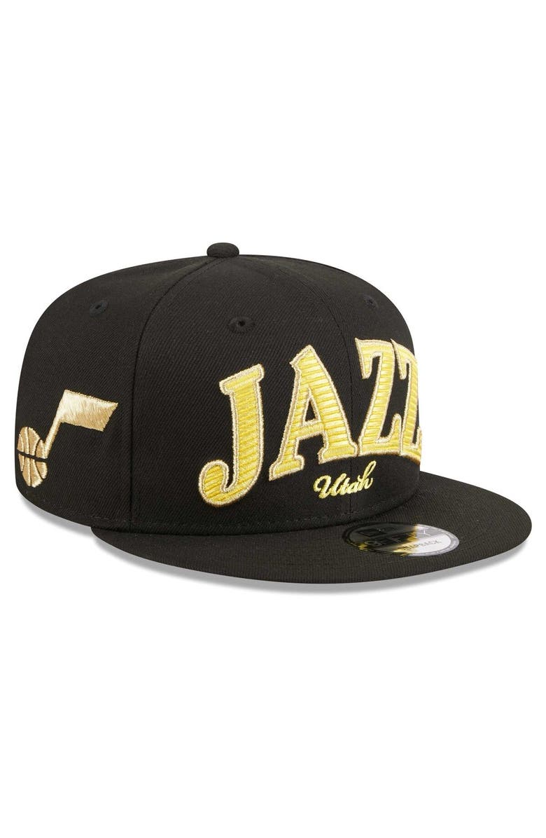 New Era Men's New Era Black Utah Jazz Golden Tall Text 9FIFTY Snapback Hat, Main, color,