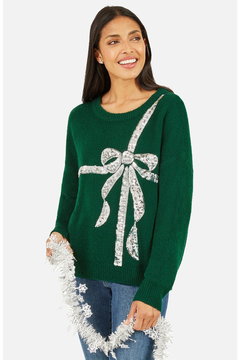 Sequin Bow Knitted Sweater, Main, color, Green