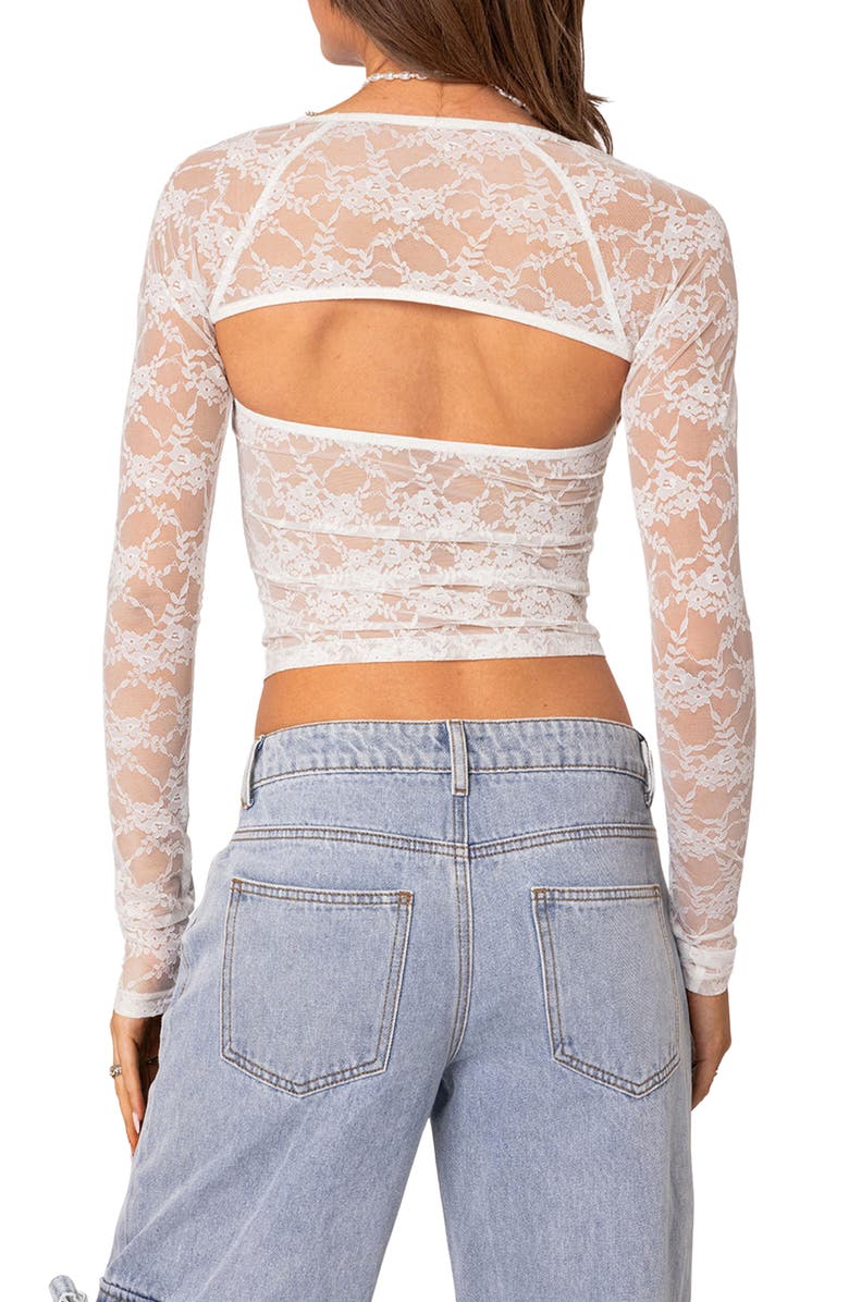 EDIKTED Addison Sheer Long Sleeve Lace Top, Alternate, color, White