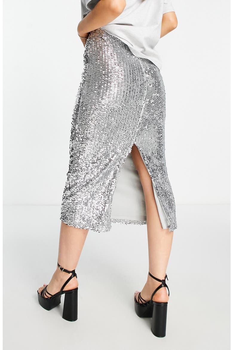 Sequin Midi Skirt, Alternate, color, SILVER