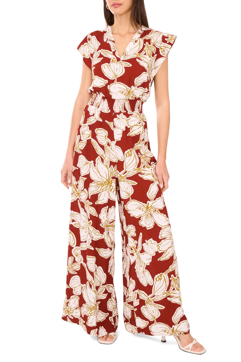 Floral Flutter Sleeve Jumpsuit, Main, color, CHILI