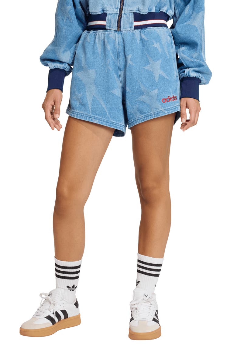 The Denim Star Graphic Cotton Varsity Shorts, Main, color, MEDIUM BLUE DENIM