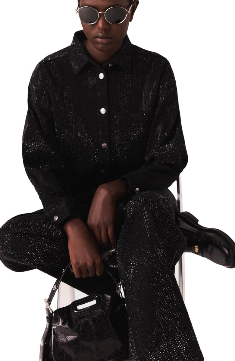 maje Rhinestone denim shirt, Alternate, color, Black