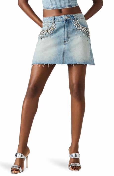 Steve Madden Eras Rhinestone Raw Hem Denim Miniskirt