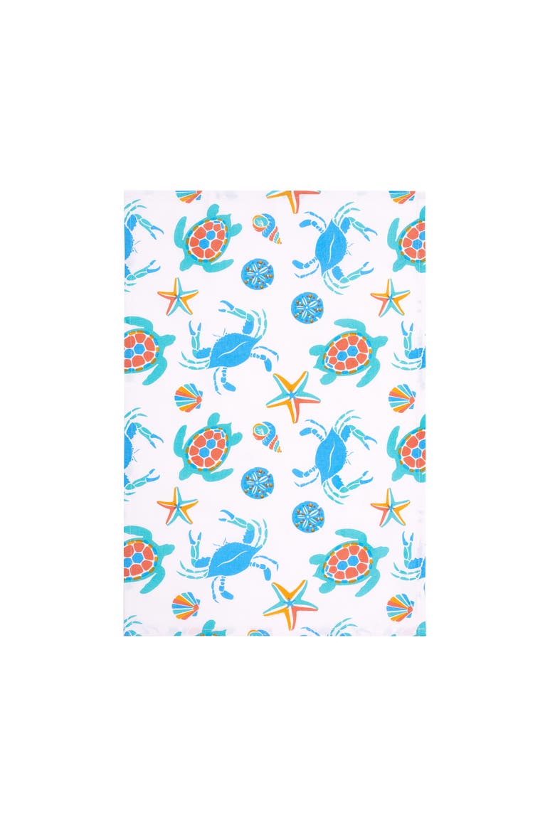 Caraway Coral Kitchen Towel Blue Seaturtle Crab & Starfish Print, Alternate, color, Blue