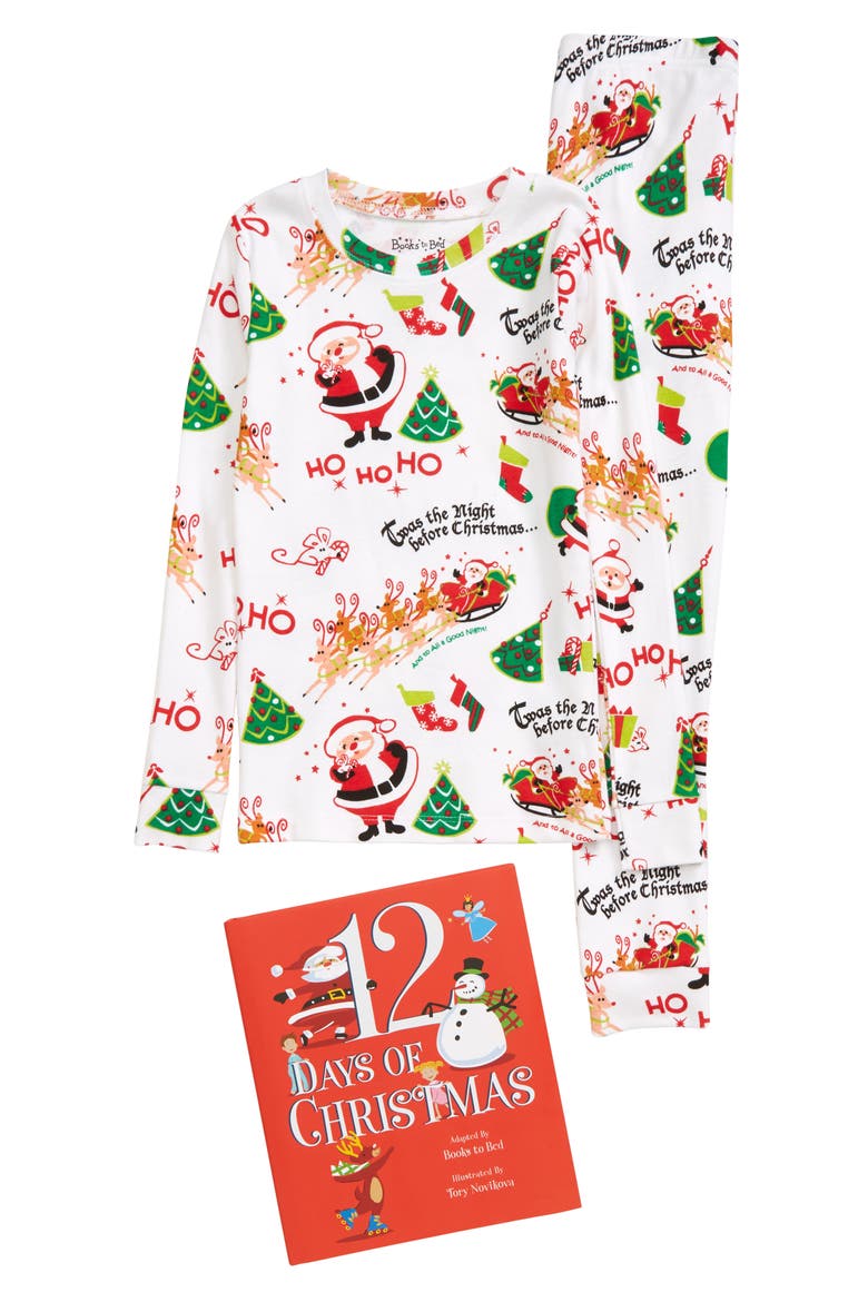 Books To Bed Kids' '12 Days of Christmas' Organic Cotton Fitted Two-Piece Pajamas & Storybook Set, Main, color, WHITE