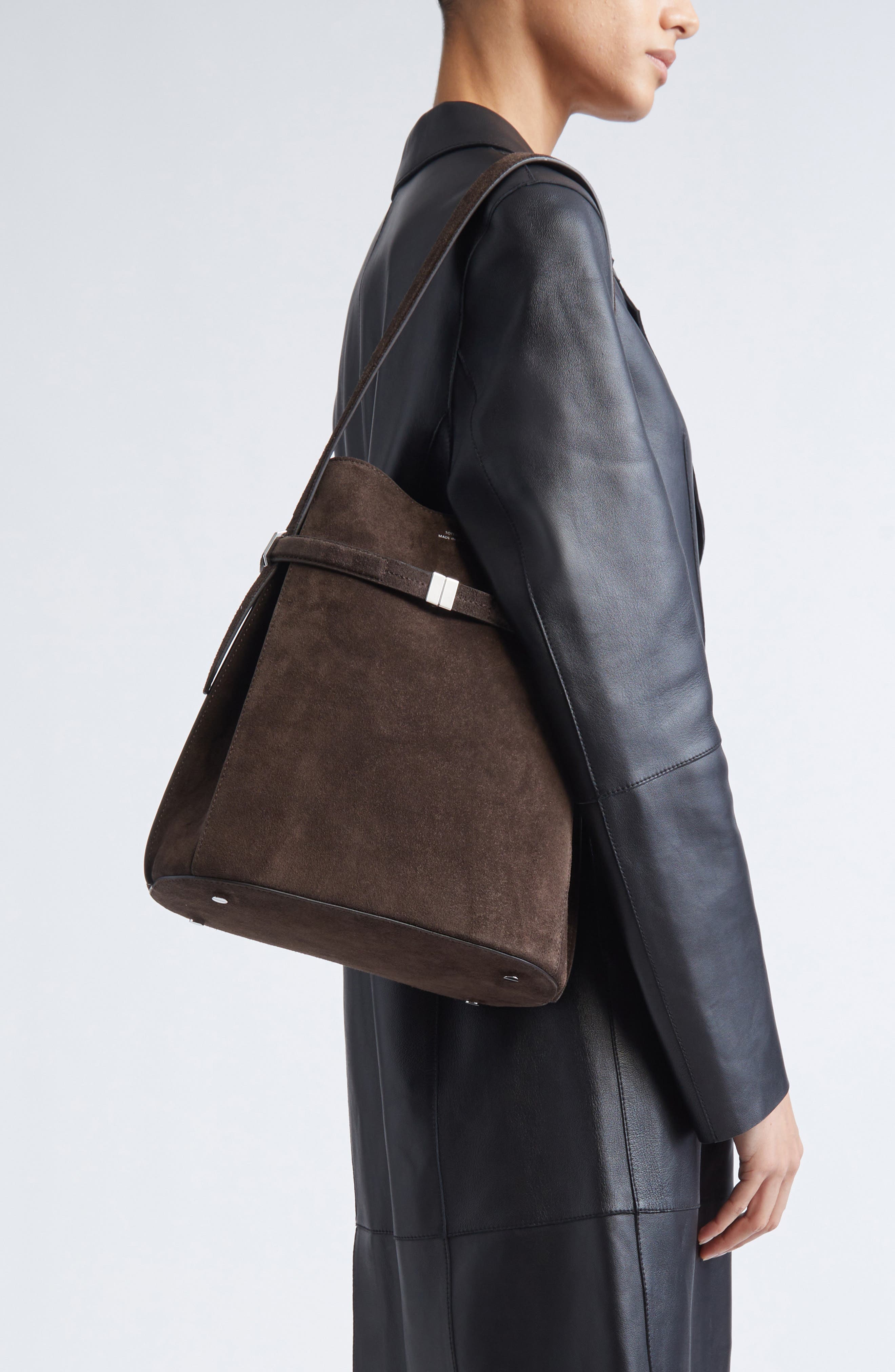 Belted Suede Bucket Bag, Alternate, color, BROWN