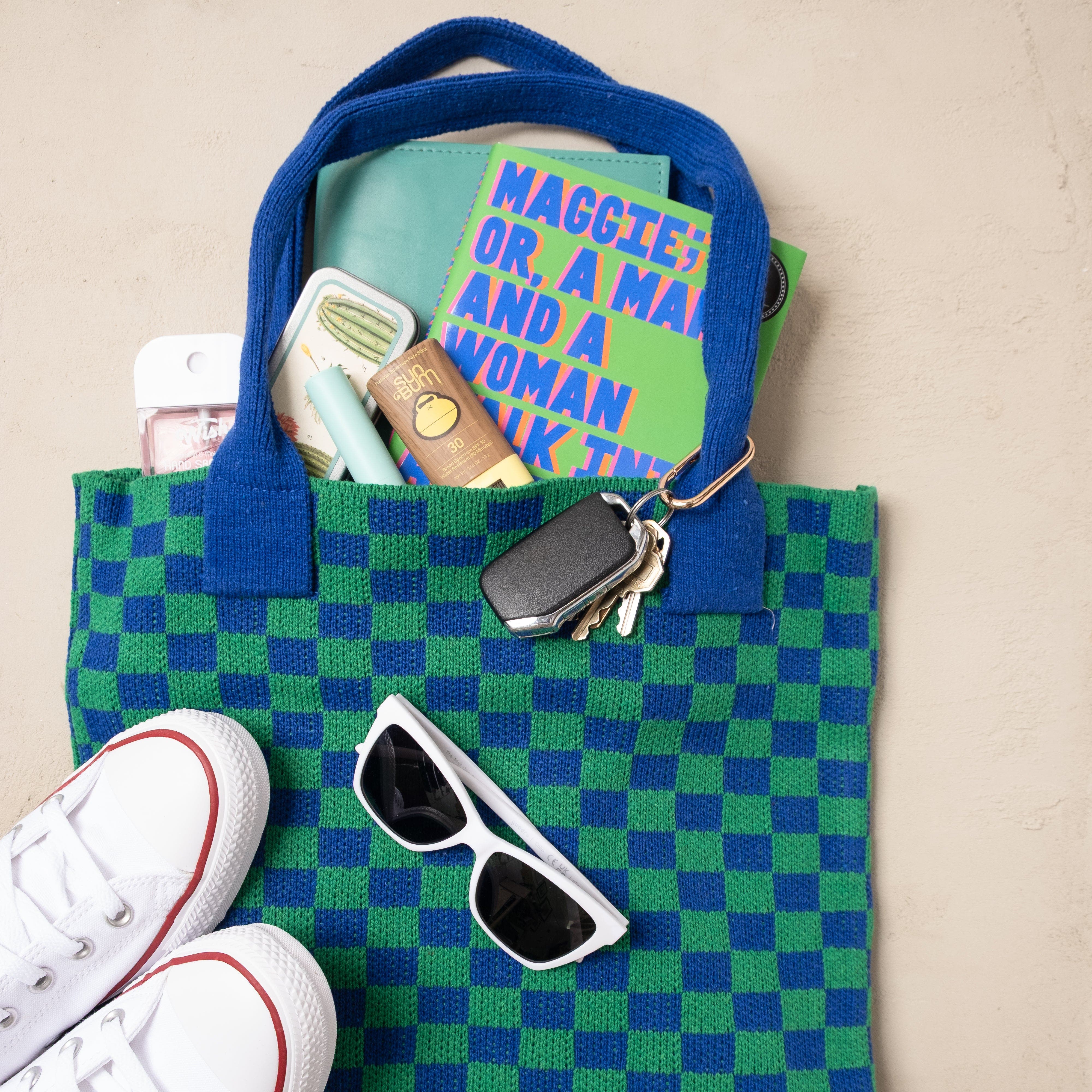 Checkered Sweater Tote Bag, Alternate, color, Navy and Green