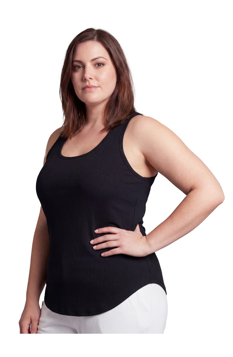 24seven Comfort Apparel Curvy Basic Ribbed Knit Sleeveless Scoop Neck Long Flared Tank Top, Alternate, color, Black