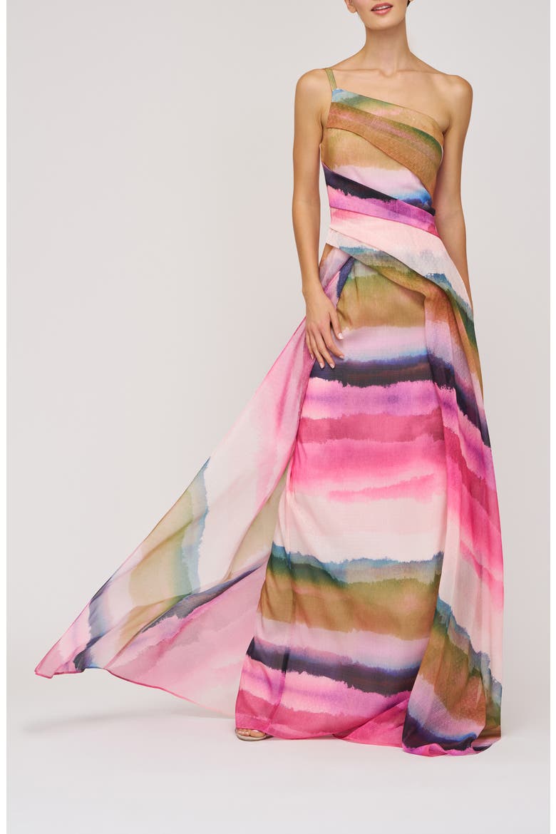 Normani One-Shoulder Printed Organza Gown, Main, color, PINK CORAL MULTI