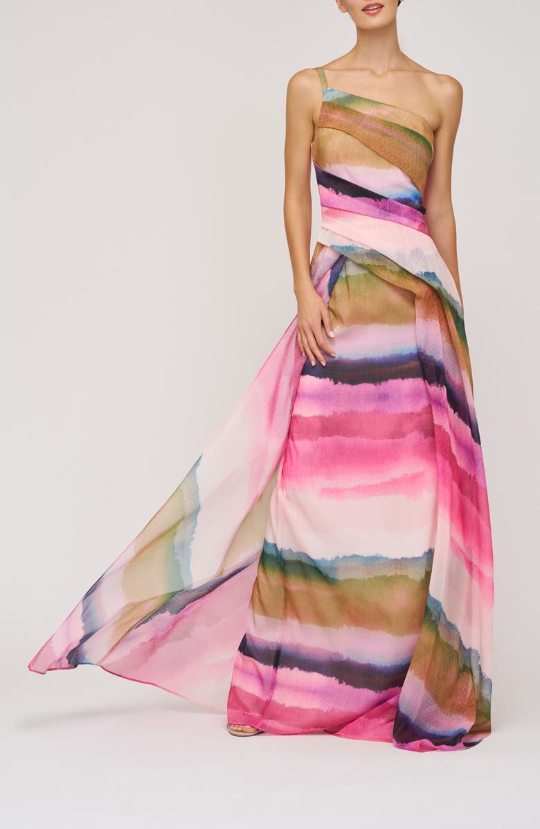 Kay Unger Normani One-Shoulder Printed Organza Gown, Main, color, Pink Coral Multi