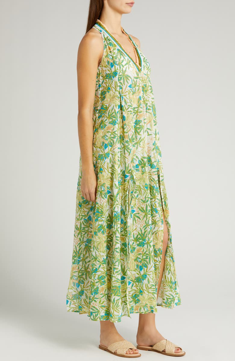Poupette St Barth Nava Print Fringe Cover-Up Maxi Dress, Alternate, color, Green Orchid Ocn