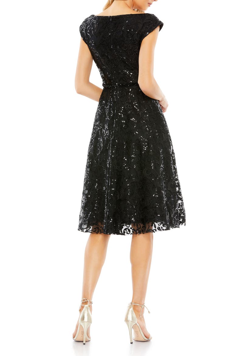 Baroque Sequined V Neck Cap Sleeve Dress, Alternate, color, BLACK