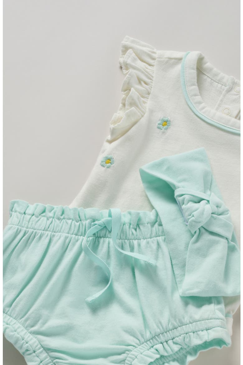 Bodysuit, Bloomers & Headband Set, Alternate, color, IVORY FLOWERS- TEAL