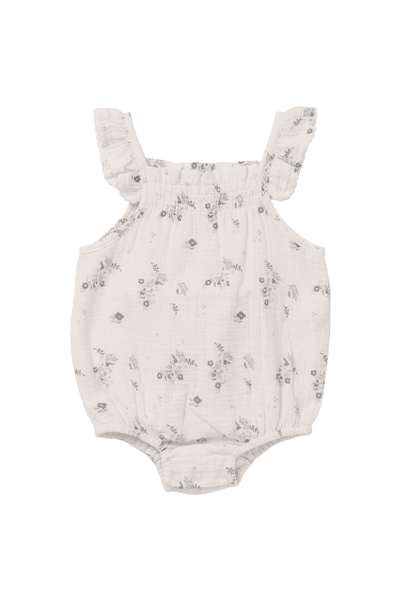Small Flower Ruffle Strap Scallop Trim Romper, Main, color, Powder